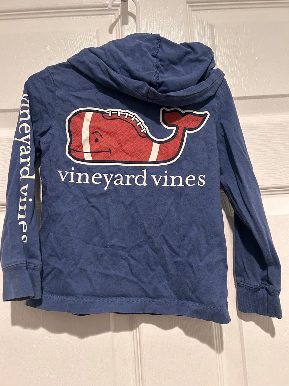 Vineyard Vines Kids Football Whale Hooded Long Sleeve Graphic Tee Shirt Blue 2T